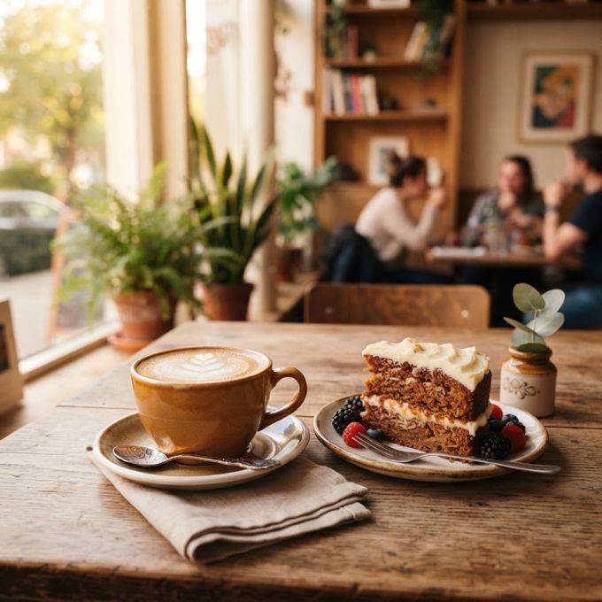 Cappuccino und hausgemachter Kuchen im Cafe